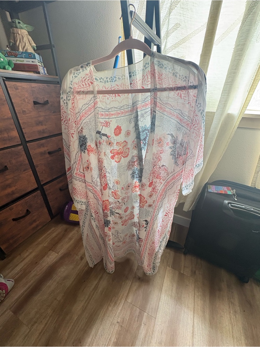 Sheer Floral Kimono Cover-Up - White with Coral & Navy